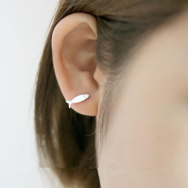 Silver Cat Fish Stud Earrings - Image 3
